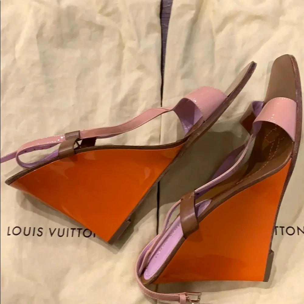 Louis Vuitton Pink and Brown Patent Leather Wedge Sandals